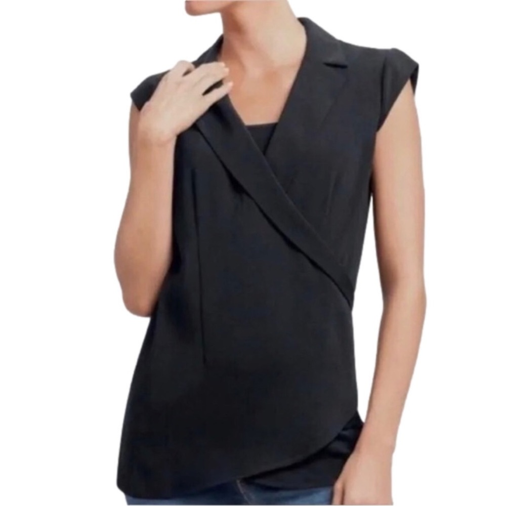 CAbi #757 Origami Black Cap Sleeve Faux Wrap Tailored Top